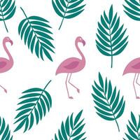 Flat Refreshing summer seamless pattern with tropical palm leaves and flamingos for a lively tropical vibe concept as Tropical palm leaves and flamingos arranged in a seamless patt Clean Pro vector