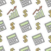 Flat Repeating dollar signs graphs and calculators in a seamless cartoon tile on a clean white background representing financial growth and planning concept as Cartoon style dolla Clean Pro vector