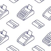 Flat Repeating icons of a calculator a cash register and a credit card terminal in a seamless tile with a minimalist white background representing financial transactions concept a Clean Pro vector