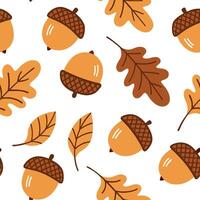 Flat Rustic acorns and leaves seamless tile pattern with warm autumn colors and textures concept as Warm colored acorns and autumn leaves create a rustic seamless tile pattern with Clean Pro vector