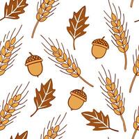 Flat Rustic autumn seamless pattern with wheat stalks acorns and rustic textures for a farmhouse inspired design concept as Farmhouse inspired autumn pattern with wheat stalks acor Clean Pro vector