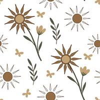 Flat Rustic spring sunshine seamless pattern with warm sunbursts and earthy textures for organic nature inspired designs concept as Earthy spring sunshine pattern with sunbursts an Clean Pro vector