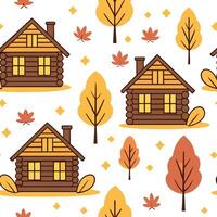 Flat Rustic wooden cabin seamless tile pattern with warm lights and autumn foliage concept as Warm lit rustic cabins surrounded by autumn foliage create a seamless tile pattern per Clean Pro vector