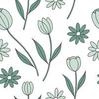 Flat Scandinavian botanical illustration seamless tile pattern with simple daisies and tulips in soft green tones for minimalist homes concept as Simple daisies and tulips in soft Clean Pro vector