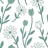 Flat Scandinavian garden flowers seamless tile pattern with simple daisies and tulips in soft green tones for minimalist homes concept as Simple daisies and tulips in soft green to Clean Pro vector