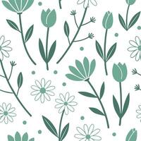Flat Scandinavian wildflowers seamless tile pattern with simple daisies and tulips in soft green tones for minimalist homes concept as Simple daisies and tulips in soft green tones Clean Pro vector