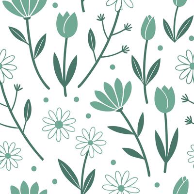 Flat Scandinavian wildflowers seamless tile pattern with simple daisies and tulips in soft green tones for minimalist homes concept as Simple daisies and tulips in soft green tones Clean Pro