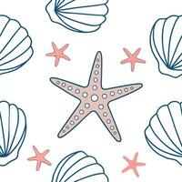 Flat Seashell and starfish seamless tile pattern with beach motifs and soft summer hues concept as Seashells and starfish in soft beach hues create a seamless tile pattern bringing Clean Pro vector
