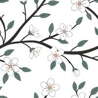 Flat Serene spring nature seamless pattern with gentle tree branches and subtle flower details for calming decor concept as Calming spring nature pattern with tree branches and del Clean Pro vector