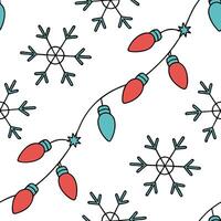 Flat Snowflake and Christmas lights seamless tile pattern with sparkling winter accents concept as Sparkling Christmas lights paired with snowflakes create a seamless tile pattern Clean Pro vector