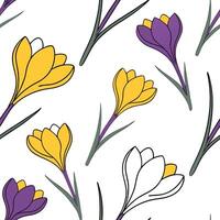 Flat Spring crocus seamless tile pattern with bright purple yellow and white blooms for fresh spring vibes concept as Bright crocus blooms in purple yellow and white create a fresh Clean Pro vector