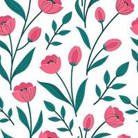 Flat Spring flowers seamless tile pattern featuring vibrant tulips and daffodils for cheerful interiors concept as Bright tulips and daffodils arranged seamlessly in a lively tile Clean Pro 2 vector