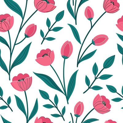 Flat Spring flowers seamless tile pattern featuring vibrant tulips and daffodils for cheerful interiors concept as Bright tulips and daffodils arranged seamlessly in a lively tile Clean Pro 2