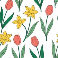 Flat Spring flowers seamless tile pattern featuring vibrant tulips and daffodils for cheerful interiors concept as Bright tulips and daffodils arranged seamlessly in a lively tile Clean Pro vector