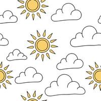 Flat Springtime sun and clouds seamless tile pattern with golden light peeking through the clouds concept as Golden sunlight peeks through fluffy clouds creating a seamless spring Clean Pro vector