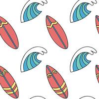 Flat Summer surfboards seamless tile pattern with colorful boards and fun beach designs concept as Colorful surfboards and playful beach patterns create a seamless tile design perf Clean Pro 2 vector