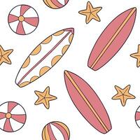 Flat Summer surfboards seamless tile pattern with colorful boards and fun beach designs concept as Colorful surfboards and playful beach patterns create a seamless tile design perf Clean Pro vector