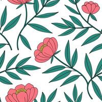Flat Tropical peony seamless pattern with vibrant colors and exotic leaves on white concept as Vibrant tropical peonies with exotic green leaves forming a lively seamless pattern p Clean Pro vector