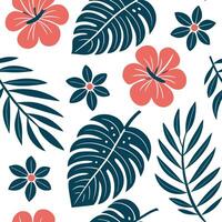Flat Tropical seamless tile pattern featuring vibrant flowers and lush leaves with high contrast colors suitable for beach themed spaces concept as Vibrant flowers and lush leaves Clean Pro vector