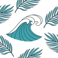 Flat Tropical summer waves seamless pattern with palm leaves and wave textures for exotic beach themed designs concept as Tropical beach wave pattern with palm leaves and wave text Clean Pro vector