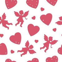 Flat Valentine hearts and cupids seamless tile pattern with playful elements and bright pink tones for cheerful decor concept as Playful hearts and cupids with bright pink tones ar Clean Pro 3 vector