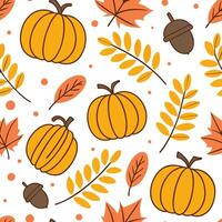 Flat Vibrant autumn harvest seamless pattern with colorful pumpkins acorns and vibrant fall foliage for a festive look concept as Festive autumn harvest pattern with pumpkins acorn Clean Pro vector