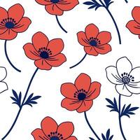 Flat Vibrant Anemone seamless tile pattern with bold red and blue petals on white background concept as Bold red and blue Anemone flowers creating vibrant seamless tile pattern ide Clean Pro vector