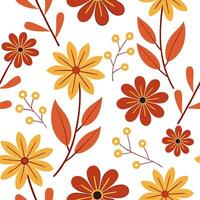 Flat Vibrant autumn flowers seamless tile pattern with bold reds oranges and yellows concept as Bold red orange and yellow autumn flowers create a vibrant seamless tile pattern per Clean Pro vector