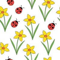Flat Vibrant Easter daffodils and ladybugs seamless tile pattern with lively spring colors concept as Lively spring colors highlight vibrant Easter daffodils and ladybugs in seamle Clean Pro vector