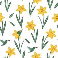 Flat Vibrant Easter daffodils and hummingbirds seamless tile pattern with lively spring energy concept as Lively spring energy with vibrant Easter daffodils and hummingbirds create Clean Pro vector
