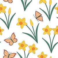 Flat Vibrant Easter daffodils and butterflies seamless tile pattern with lively spring colors concept as Lively spring colors highlight vibrant Easter daffodils and butterflies in Clean Pro vector