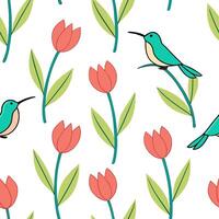 Flat Vibrant Easter tulips and hummingbirds seamless tile pattern with lively spring vibes concept as Lively spring vibes with vibrant Easter tulips and hummingbirds create seamles Clean Pro vector