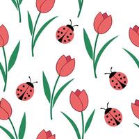 Flat Vibrant Easter tulips and ladybugs seamless tile pattern with colorful spring accents concept as Colorful spring accents with vibrant Easter tulips and ladybugs create seamles Clean Pro vector