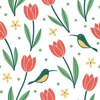 Flat Vibrant Easter tulips and hummingbirds seamless tile pattern with lively spring vibes concept as Lively spring vibes with vibrant Easter tulips and hummingbirds create seamles Clean Pro 2 vector