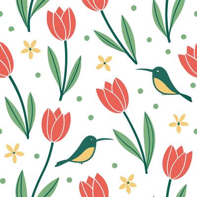 Flat Vibrant Easter tulips and hummingbirds seamless tile pattern with lively spring vibes concept as Lively spring vibes with vibrant Easter tulips and hummingbirds create seamles Clean Pro 2