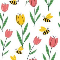 Flat Vibrant Easter tulips and bees seamless tile pattern with lively spring elements concept as Lively spring elements like vibrant Easter tulips and bees create seamless tile pat Clean Pro vector