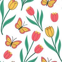 Flat Vibrant Easter tulips and butterflies seamless tile pattern with lively spring elements concept as Lively spring elements like vibrant tulips and butterflies create seamless t Clean Pro vector
