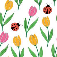 Flat Vibrant Easter tulips and ladybugs seamless tile pattern with colorful spring accents concept as Colorful spring accents with vibrant Easter tulips and ladybugs create seamles Clean Pro 2 vector