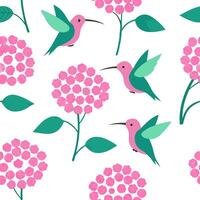 Flat Vibrant Easter hydrangeas and hummingbirds seamless tile pattern with lively spring colors concept as Lively spring colors feature vibrant Easter hydrangeas and hummingbirds i Clean Pro vector
