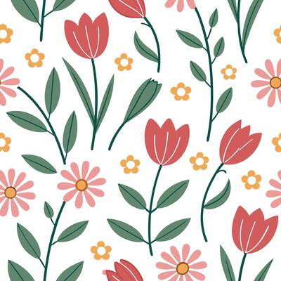 Flat Vibrant garden flowers seamless tile pattern featuring a mix of roses tulips and daisies on a clean white background perfect for cheerful interiors concept as A mix of roses t Clean Pro 2