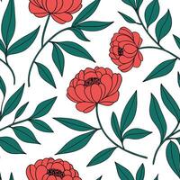 Flat Vibrant red peony seamless pattern with overlapping flowers and lush green leaves on white backdrop concept as Overlapping vibrant red peonies with lush green leaves forming a Clean Pro vector