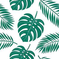 Flat Vibrant tropical leaves seamless tile pattern featuring large monstera and palm leaves on a crisp white background ideal for lively interiors concept as Large monstera and pal Clean Pro vector