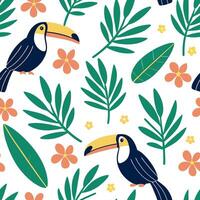 Flat Vibrant summer seamless tile pattern with tropical birds and exotic flowers for lush garden spaces concept as Tropical birds and exotic flowers in a seamless pattern for creat Clean Pro vector