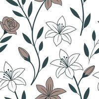 Flat Vintage wildflowers seamless tile pattern with distressed rose and lily illustrations and muted color palette ideal for retro kitchens concept as Distressed rose and lily illu Clean Pro vector