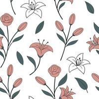Flat Vintage wildflowers seamless tile pattern with distressed rose and lily illustrations and muted color palette ideal for retro kitchens concept as Distressed rose and lily illu Clean Pro 2 vector
