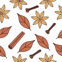 Flat Warm autumn spices and leaves seamless tile pattern with cozy textures and rich colors concept as Autumn spices like cinnamon and cloves paired with leaves create a warm seaml Clean Pro vector