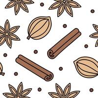 Flat Warm autumn spices seamless tile pattern with cinnamon sticks nutmeg and cloves concept as Cinnamon sticks nutmeg and cloves in warm autumn tones create a cozy spices seamless Clean Pro vector
