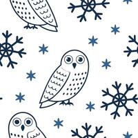 Flat Winter snowflakes and snowy owls seamless tile pattern with mystical winter elements concept as Mystical snowy owls paired with winter snowflakes create a seamless tile patter Clean Pro vector