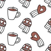 Flat Warm winter seamless pattern with hot cocoa mugs scarves and mittens for a cozy seasonal feel concept as Cozy winter pattern with hot cocoa mugs scarves and mittens for a snug Clean Pro vector