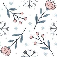 Flat Winter snow seamless pattern with ice crystals frosty branches and winter flowers for a delicate frosty atmosphere concept as Delicate winter snow pattern with ice crystals fr Clean Pro vector